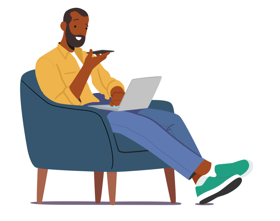 Male Character Sitting On Armchair With Smartphone And Laptop