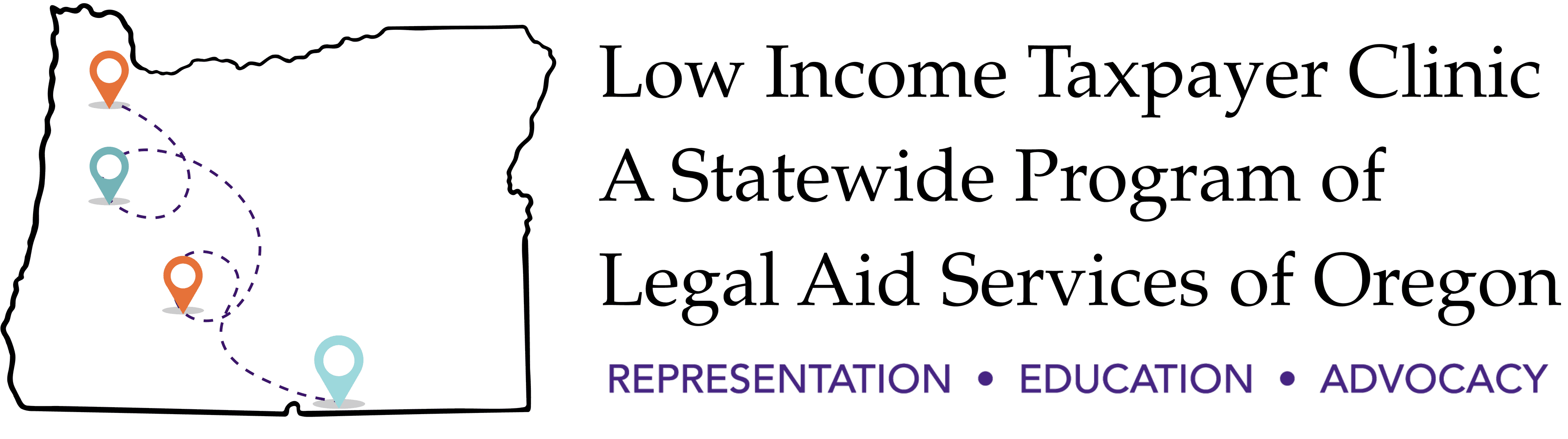 An outline of Oregon with colorful location pins connected by a dashed route, alongside the text 'Representation, Education, Advocacy