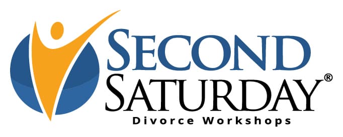 Second Saturday Divorce Workshops logo with a stylized orange figure inside a blue circle